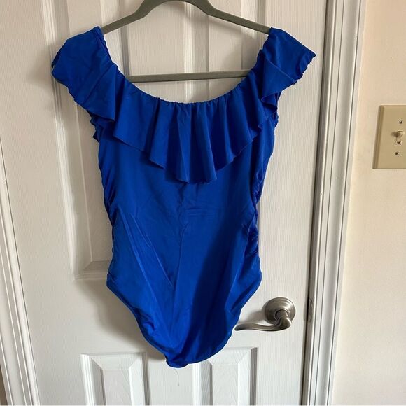 Trina Turk Women’s Monaco Off The Shoulder Ruffle One Piece Swim Blue Size 12 - Picture 2 of 10
